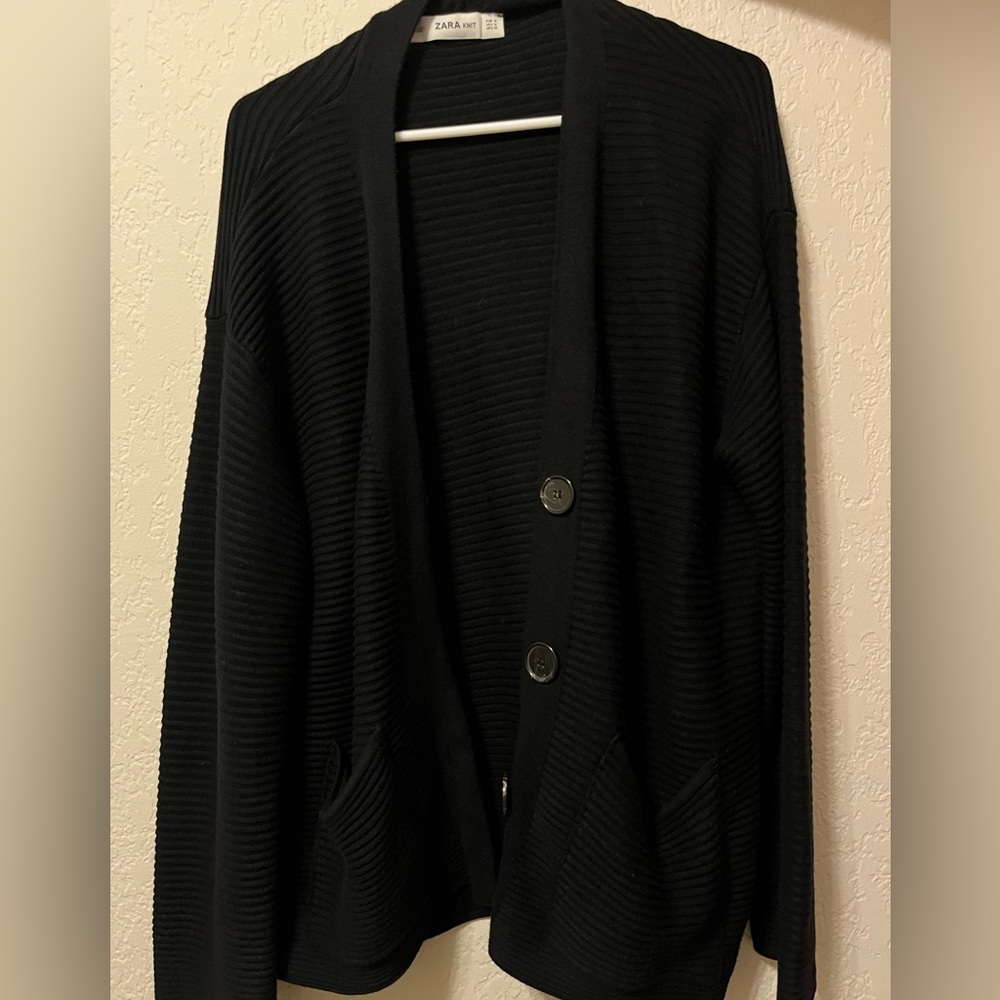 Zara Black Ribbed Knit Cardigan with Buttons